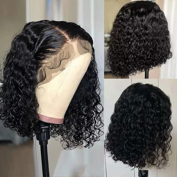 Bob Lace Wig Black Curly For Women Deep Water Curly Wave Human Hair Wigs 100% Remy Natural Hair Short Lace Frontal T Part Wig - Image 3